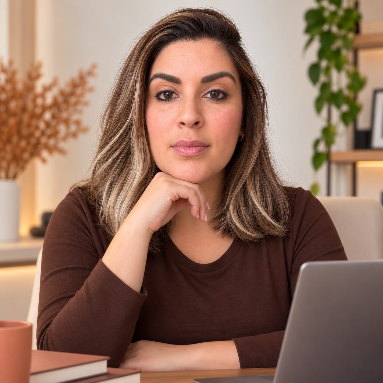 Foto fornecida por Louise: retrato em ambiente profissional, com blusa marrom, mão apoiada no queixo e notebook sobre a mesa.